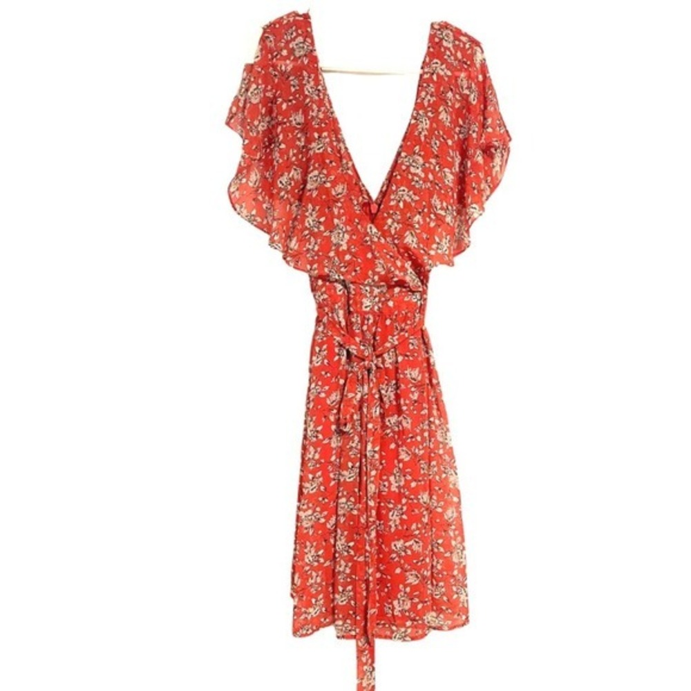 Forever 21 Plus Ditsy Floral Dress Womens 2X Orange Double V Neck Ruffle Fairy‎